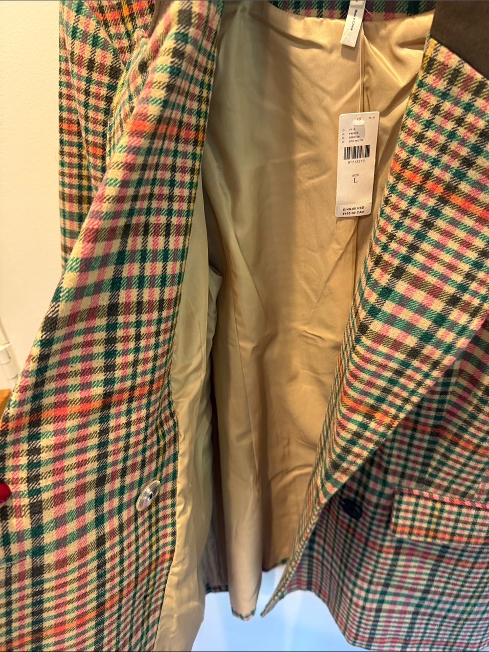 Avec Les Filles Green Multi-Check Double-Breasted Blazer with Brown Collar - Picture 4 of 6
